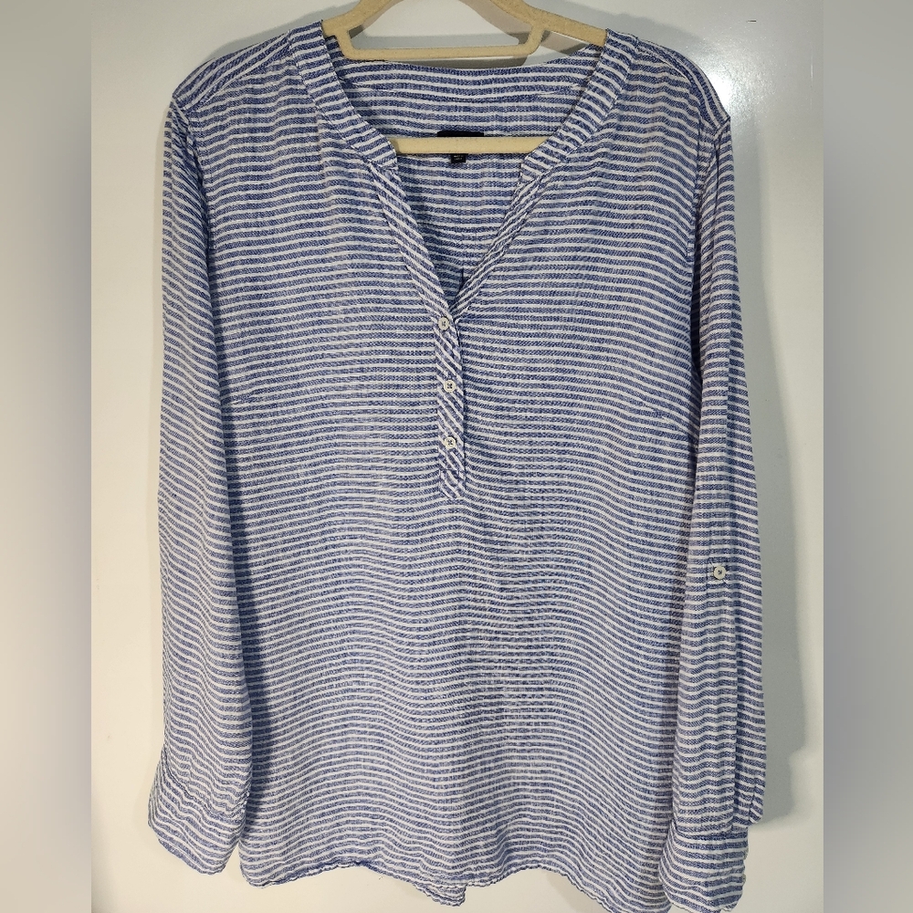 Talbots Blue and White Striped Linen Button Down Shirt, Size XL